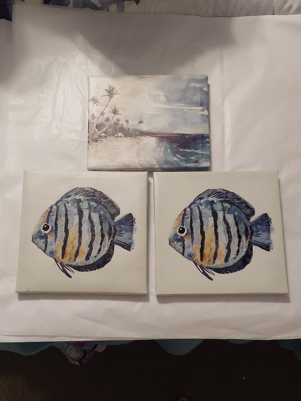 Abrand Blue and Cream Coastal Fish Canvas Wall Art Trio